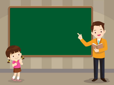 老师和学生女孩站在黑板前，为你的文本提供复制空间。