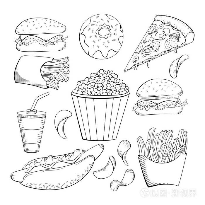插画 涂鸦风格各种快餐系列. 食物图标设置.奶酪汉堡.