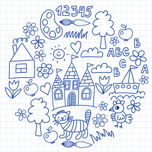 幼稚园样式, 画孩子庭院元素样式, 涂鸦图画, 向量例证, 单色, 黑色, 蓝色