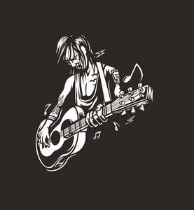 摇滚明星玩吉他与文字移动节拍矢量插图。