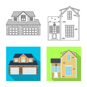 建筑和正面标志的矢量插图。 收集建筑和屋顶矢量图标的库存。