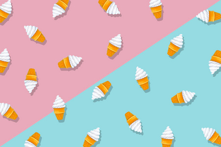 白色冰淇淋分离在粉蓝背景上。 橡皮擦形状的冰淇淋甜点夏季极简主义。 抽象明亮的冰淇淋锥食品图案在两个色调纹理复制空间顶部视图。
