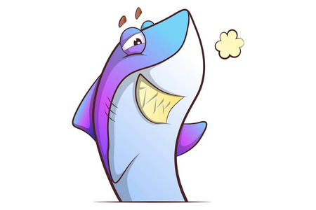 矢量卡通插图。 可爱的鲨鱼生气了。 孤立在白色背景上。