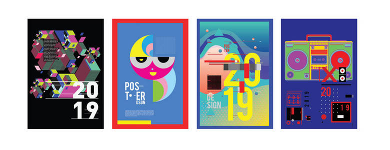 2019年新海报和封面设计模板为杂志。 时尚矢量排版和彩色插图拼贴封面和页面布局设计模板