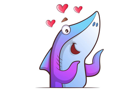 可爱鲨鱼跳舞的矢量卡通插图。 孤立在白色背景上。