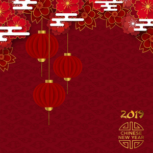 中国猪新年2019插图。 红色背景与传统亚洲灯笼和梅花金层状纸。