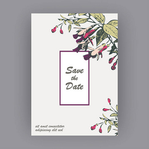 植物婚礼邀请卡模板设计手工绘制的紫红色花朵和叶子粉彩乡村与方形框架白色背景极简主义复古风格矢量插图