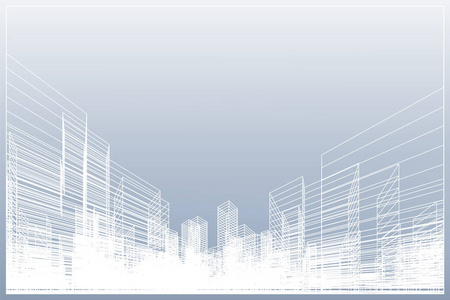 抽象线框城市背景。 建筑线框的透视三维渲染。 矢量图。