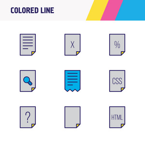 9个文件图标的显示插图彩色行。可编辑的 html 集损坏的文件协定和其他图标元素