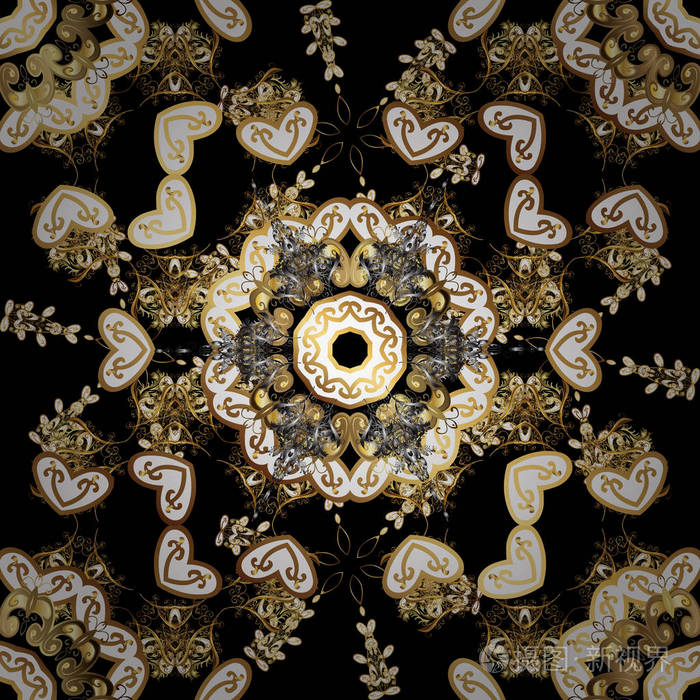 华丽的矢量装饰金色图案的黑白颜色与黄金元素巴洛克风格壁纸设计的