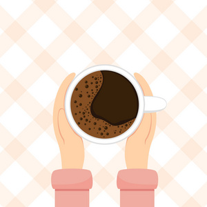 s hands hold coffee cup on beige background, illustration.