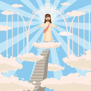 基督教天堂可爱的上帝微笑着与爱张开双臂, 通往天堂的道路, 打开天堂