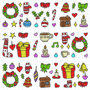 矢量集的圣诞节, 节日图标在涂鸦风格。在白色背景上的一张格子纸上涂上了五颜六色的画