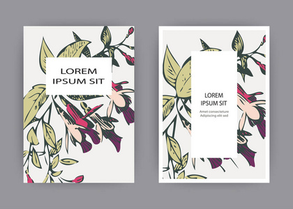 植物婚礼邀请卡模板设计手工绘制的紫红色花朵和叶子粉彩乡村与方形框架白色背景极简主义复古风格矢量插图