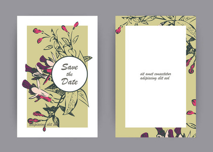 植物婚礼邀请卡模板设计手工绘制的紫红色花朵和叶子粉彩复古乡村与方形框架绿色背景极简主义复古风格矢量插图