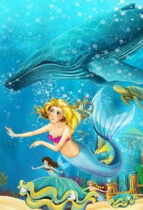 卡通海洋和水下王国中的美人鱼，用鲸鱼插图为儿童游泳