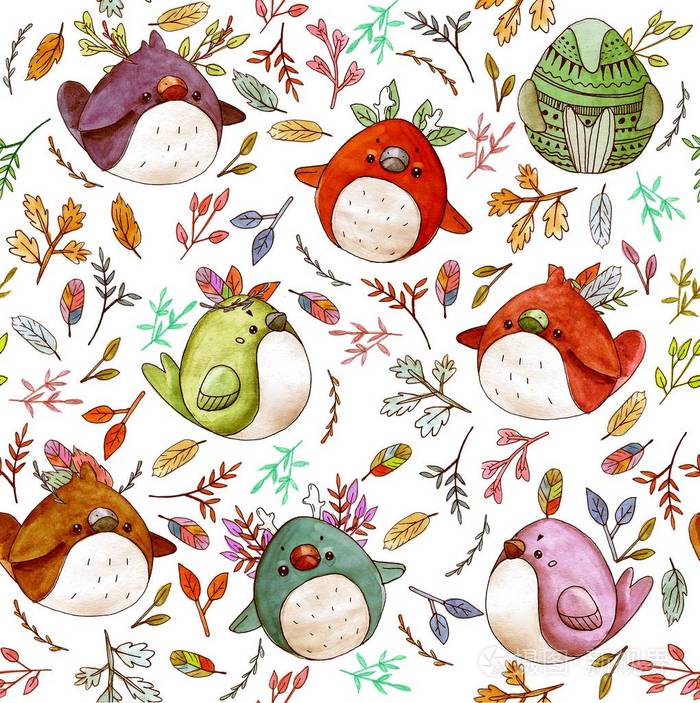 可爱的卡通水彩画森林小鸟.手绘可爱的花卉花圈完美的印刷和卡片制作.