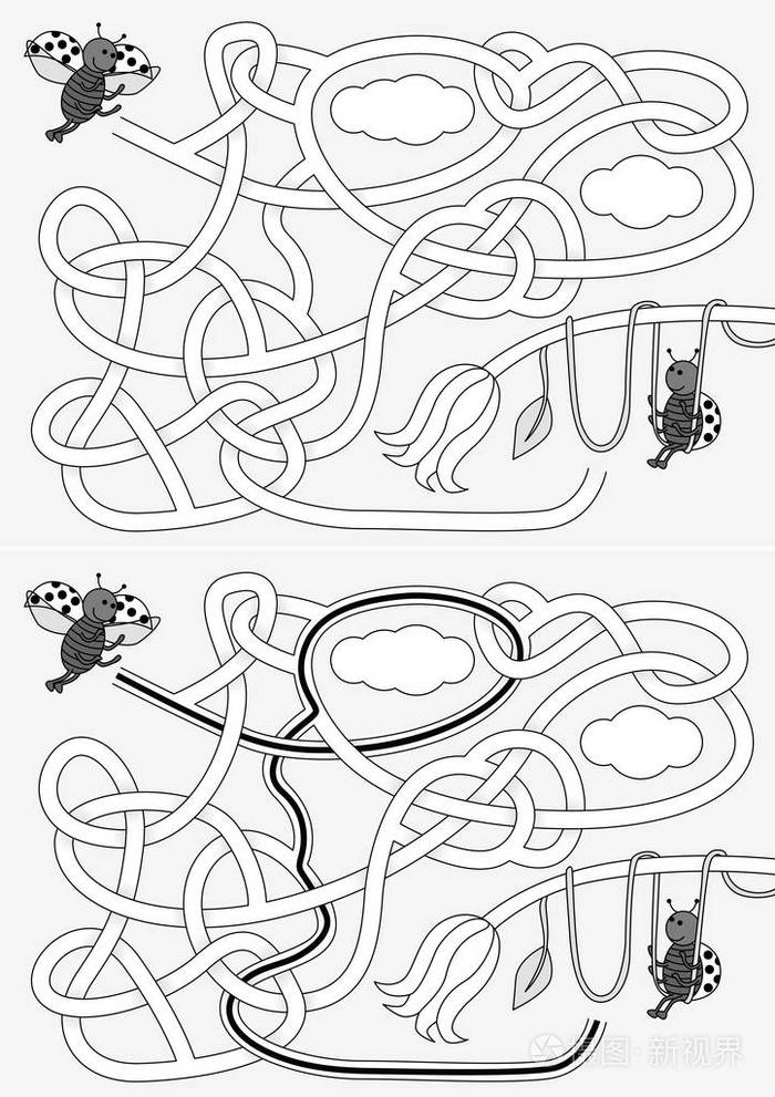 瓢虫迷宫为儿童提供黑白溶液