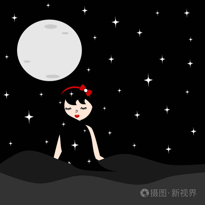 可爱可爱的女孩留着长发夜空,有星星和月亮矢量插图