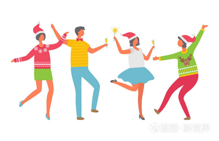 快乐的卡通人物庆祝圣诞晚会