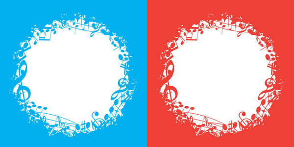 蓝色和红色矢量音乐背景，白色中心和音符