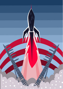 火箭的彩色插图开始进入太空。平面设计向量例证