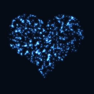 抽象设计蓝色闪光颗粒的心形。 黑暗背景上发光的闪闪发光的粒子。 矢量图。