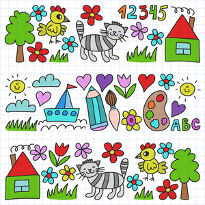 幼儿园图案, 绘制儿童园林元素图案, 涂鸦画, 矢量插图, 五颜六色。笼