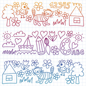 幼稚园样式, 画孩子庭院元素样式, 涂鸦图画, 向量例证, 五颜六色, 白色, 梯度, 关心