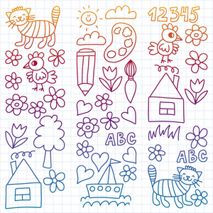 幼儿园图案绘制儿童花园元素图案涂鸦矢量插图彩色白色渐变护理