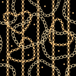 金银链珠宝无缝图案与金心隔离在黑色背景上。 纺织面料壁纸等的设计元素。 矢量图。