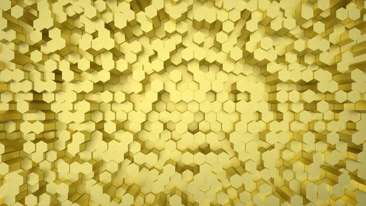 几何六角形抽象金背景。 表面有六角形蜂窝图案，明暗。 三维插图
