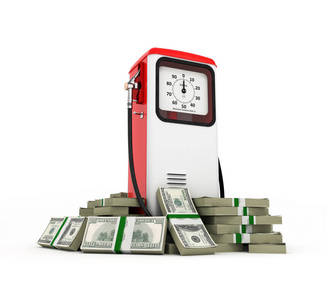 复古燃油泵被100美元银行卷的概念汽油价格复古燃油泵在一堆钱，美元孤立在白色背景3D。
