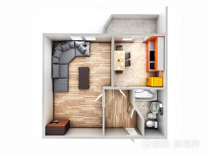 室内公寓无屋顶俯视公寓布局3渲染