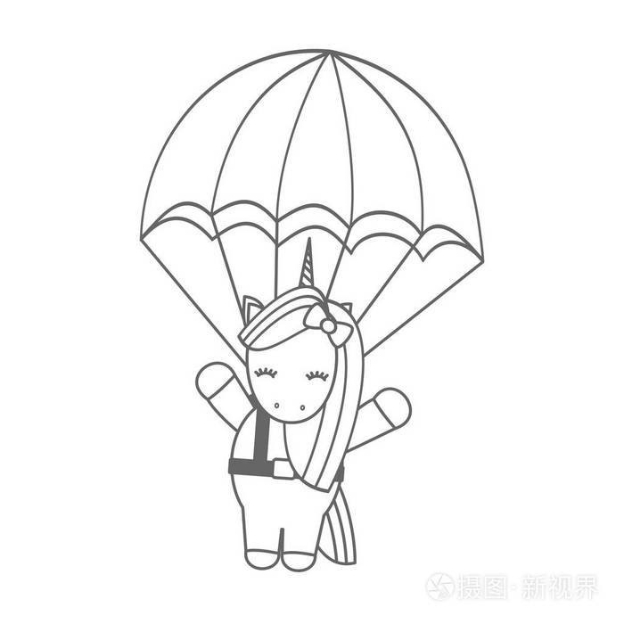 可爱可爱的卡通独角兽飞行降落伞有趣的黑白矢量插图插画-正版商用
