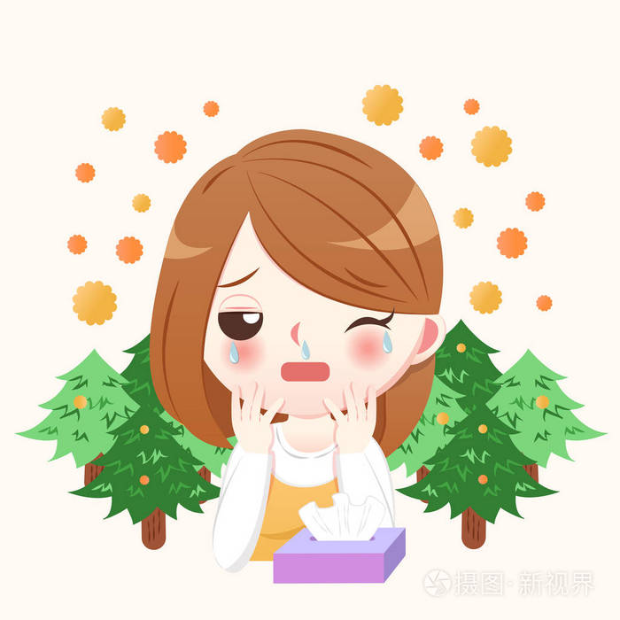 蓝色背景上有花粉热概念的卡通女人过敏