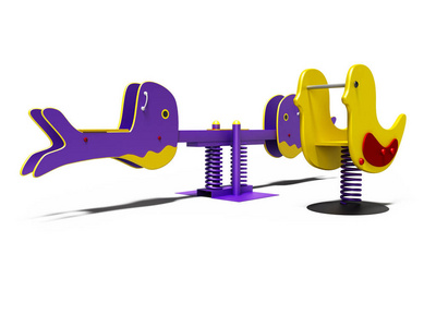 海水旋转木马和黄鸡在春天为儿童3D渲染白色背景与阴影。