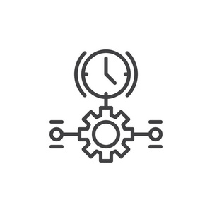 时钟和齿轮线图标轮廓矢量符号线性风格象形文字隔离在白色上。 时间管理符号标志插图。 可编辑笔画。 像素完美矢量图形