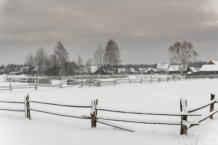 在波兰的国家公园Bialowieza，Guszczewina村，冬天有房子，农场和栅栏。