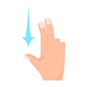 用两个手指向下滑动触摸屏手势矢量插图。 平面风格设计。 彩色图形