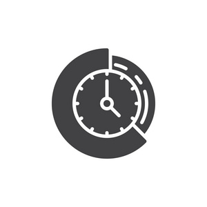 时钟和饼图图标矢量填充平面标志固体象形文字隔离在白色上。 时间管理符号标志插图。 像素完美矢量图形