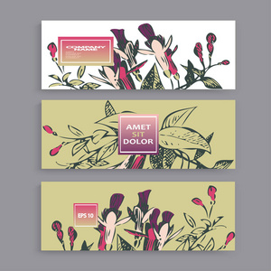 植物婚礼邀请卡模板设计手工绘制的紫红色花朵和叶子粉彩复古乡村与方形框架绿色背景极简主义复古风格矢量插图