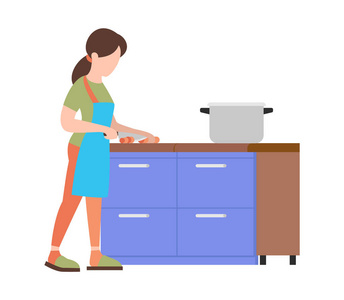 人们周末概念女人在白色背景平面矢量插图上烹饪食物