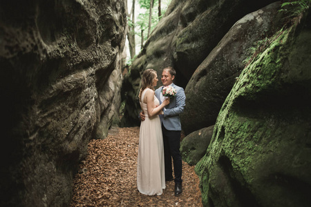 华丽的婚礼情侣在森林里用大石头亲吻和拥抱。