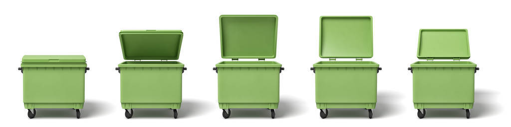 3d 渲染几个浅绿色的垃圾箱在白色背景上的一排