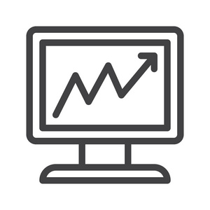 计算机显示器与业务图线图标轮廓矢量符号线性样式象形文字隔离在白色上。 符号标志插图。 可编辑笔画。