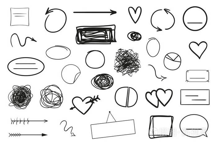 手绘框架和白色箭头. 抽象框架. 线条艺术. 一组不同的形状.