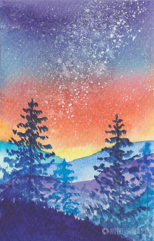 银河在深林蓝山的背面水彩景观用星星展现明亮的夜晚