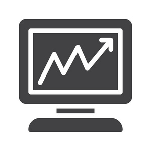 计算机显示器与业务图形图标矢量填充平面标志固体象形文字隔离在白色上。 符号标志插图。