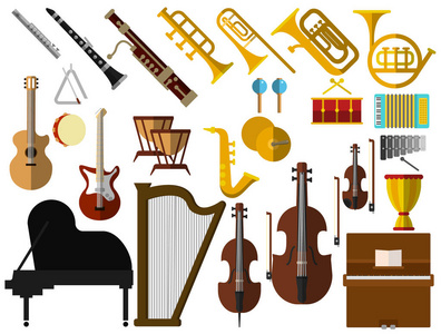 乐器元素收集平面图标设置彩色符号包包含吉他长号长笛小提琴钢琴萨克斯风琴手风琴鼓。 矢量图。 平式设计